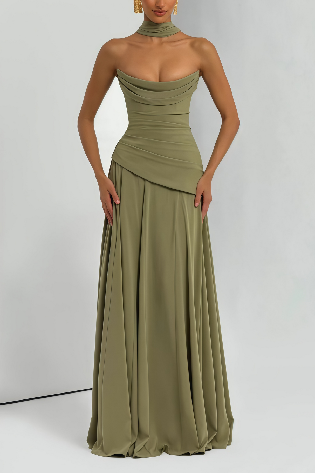 Aurohaya Romane Green Strapless Corset Chiffon Maxi Dress