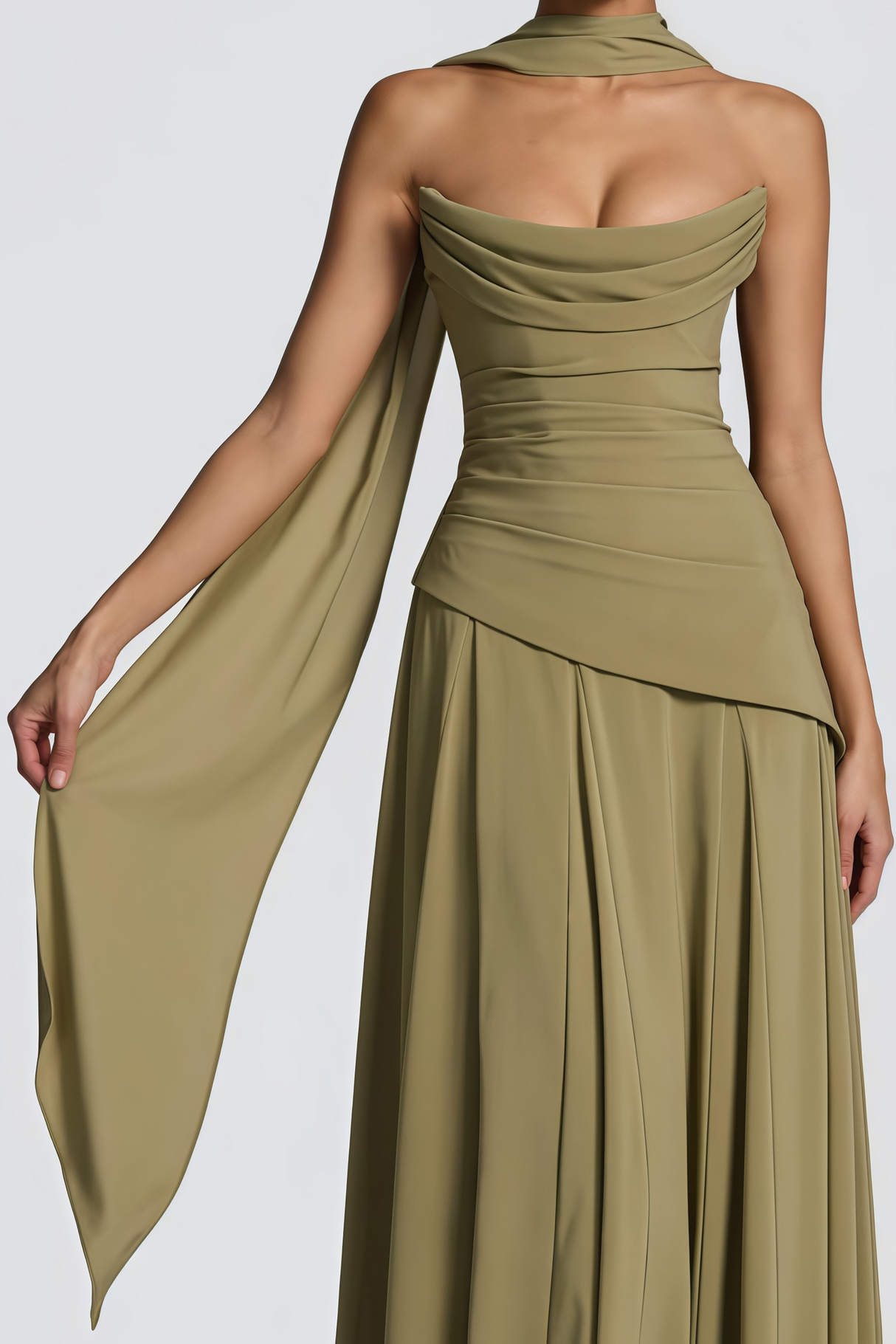 Aurohaya Romane Green Strapless Corset Chiffon Maxi Dress