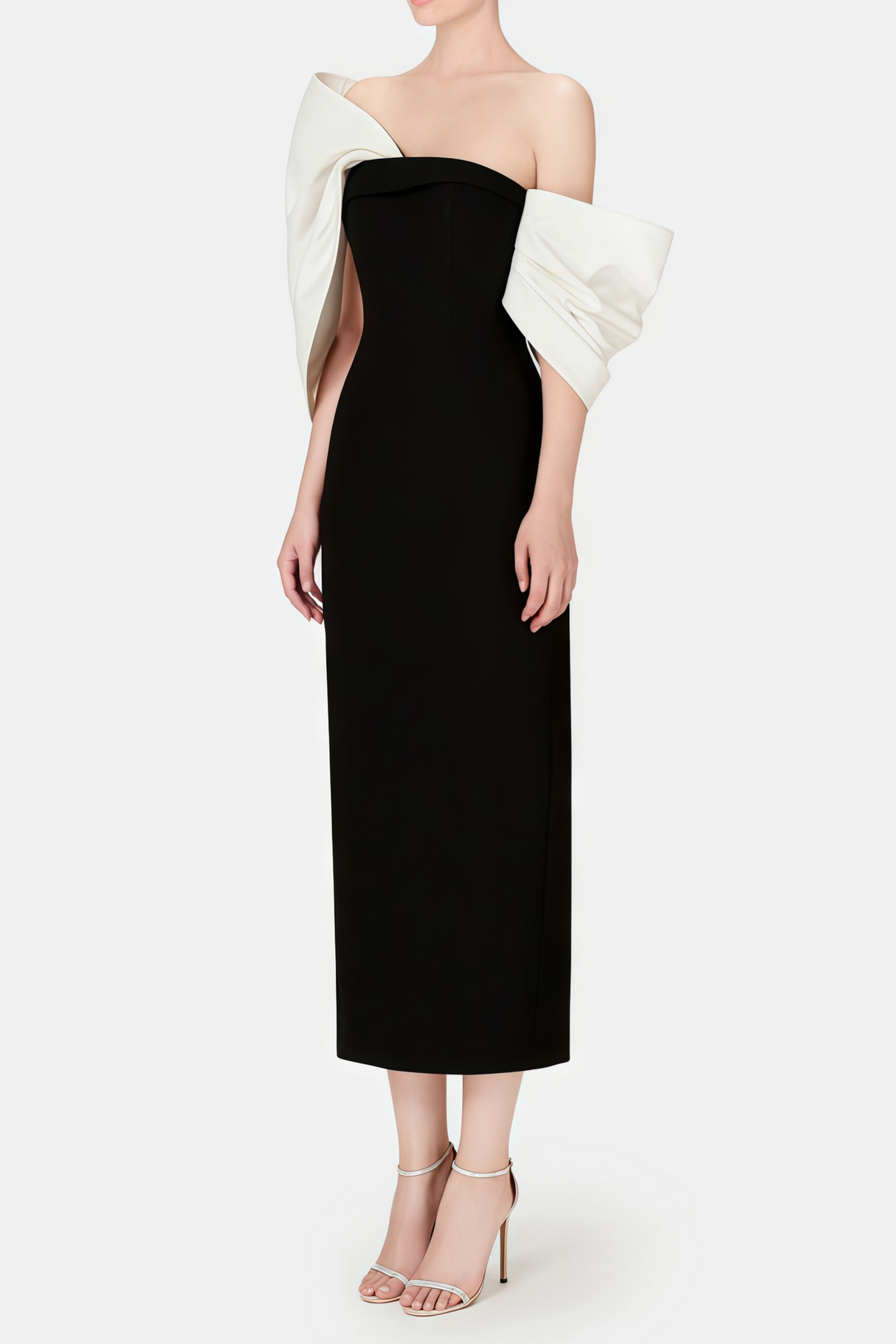 Aurohaya Mathilde Black Midi Dress with Asymmetrical Bow Detail