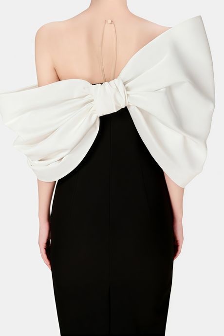 Aurohaya Mathilde Black Midi Dress with Asymmetrical Bow Detail