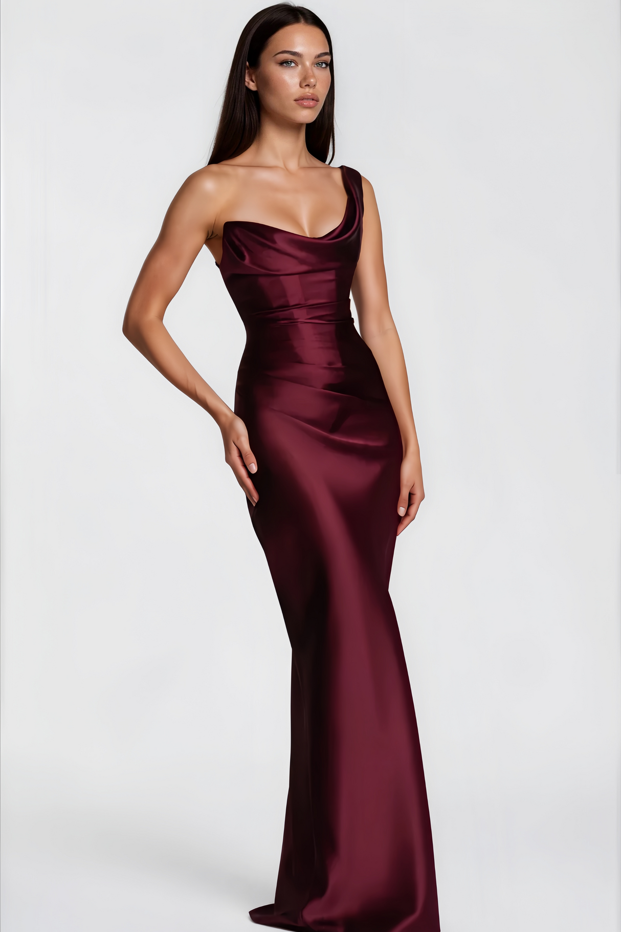Aurohaya Hannah Burgundy One Shoulder Satin Maxi Dress