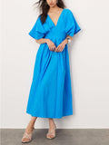 Aurohaya V-Neck Short Sleeve Midi Dress In Blue Blue