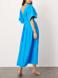 Aurohaya V-Neck Short Sleeve Midi Dress In Blue