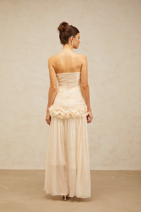 Aurohaya Céleste neutrals ruffled pleated maxi dress