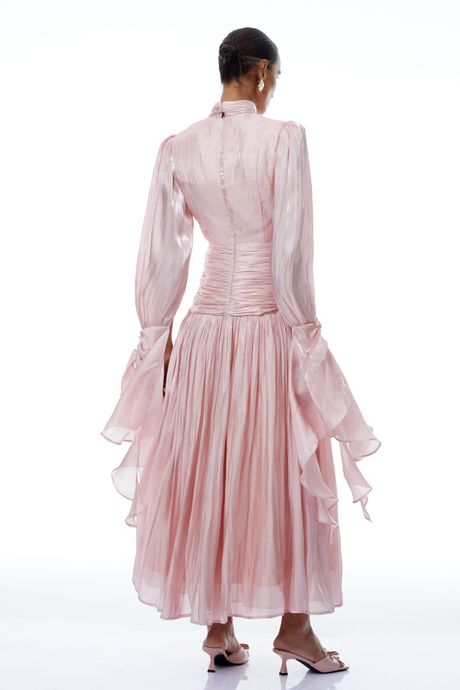 Aurohaya Sarolta Pink Glossy Ruched Maxi Dress