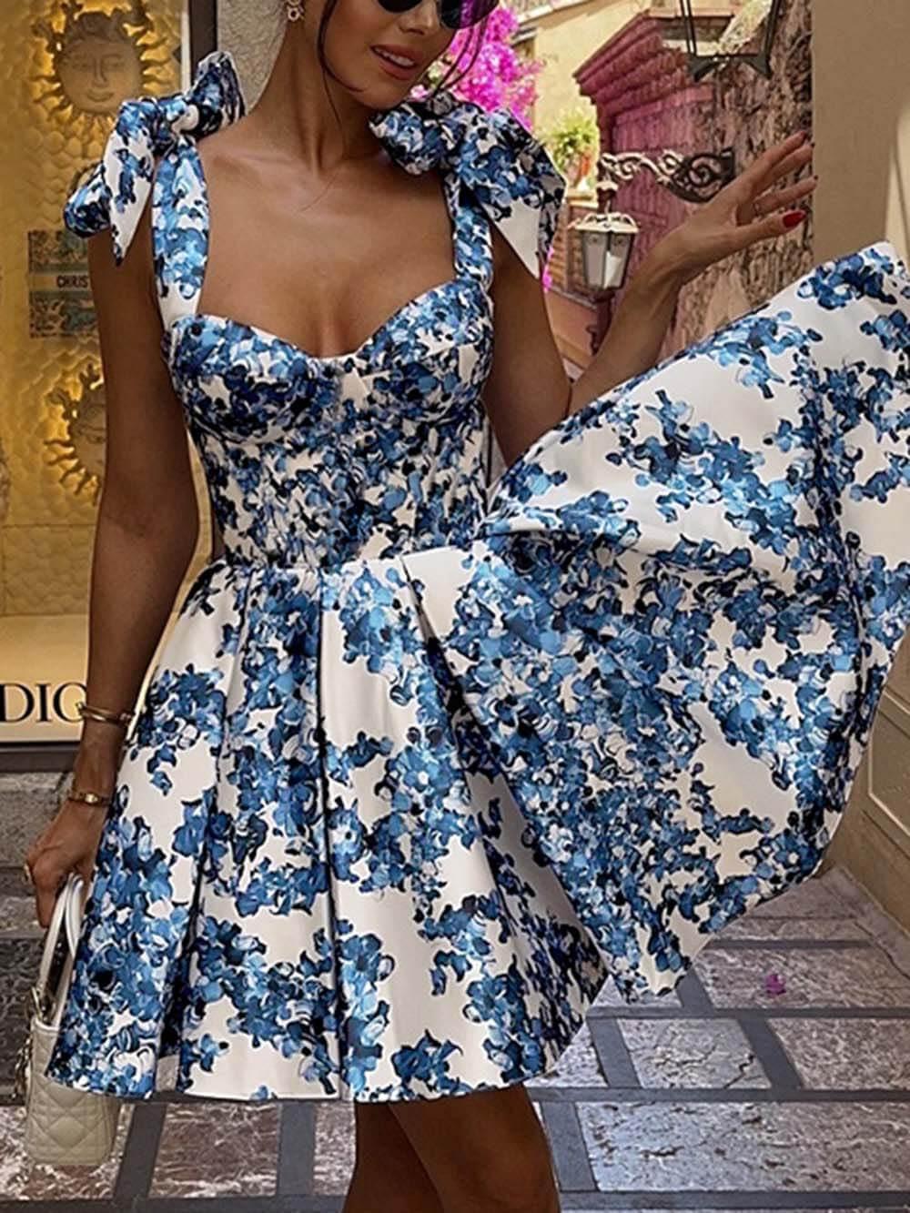 Aurohaya Elegant Printed Lace-Up Mini Dress
