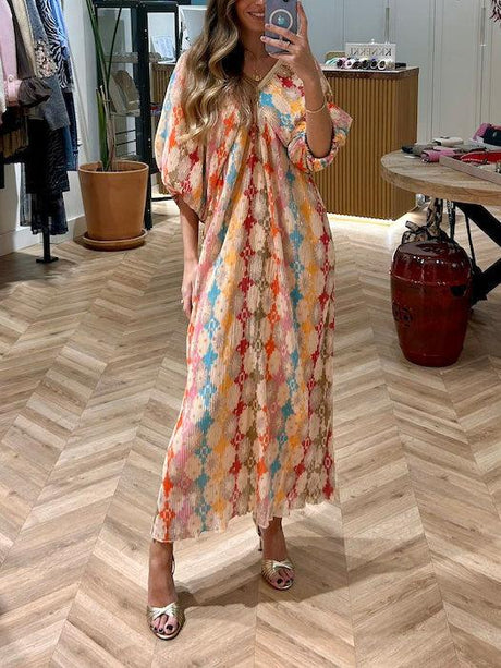 Aurohaya Unique Mosaic Printed Puff Sleeve Pleated Midi Dress Multi