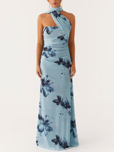 Aurohaya Elegant Floral Print Off-the-shoulder Maxi Dress Blue
