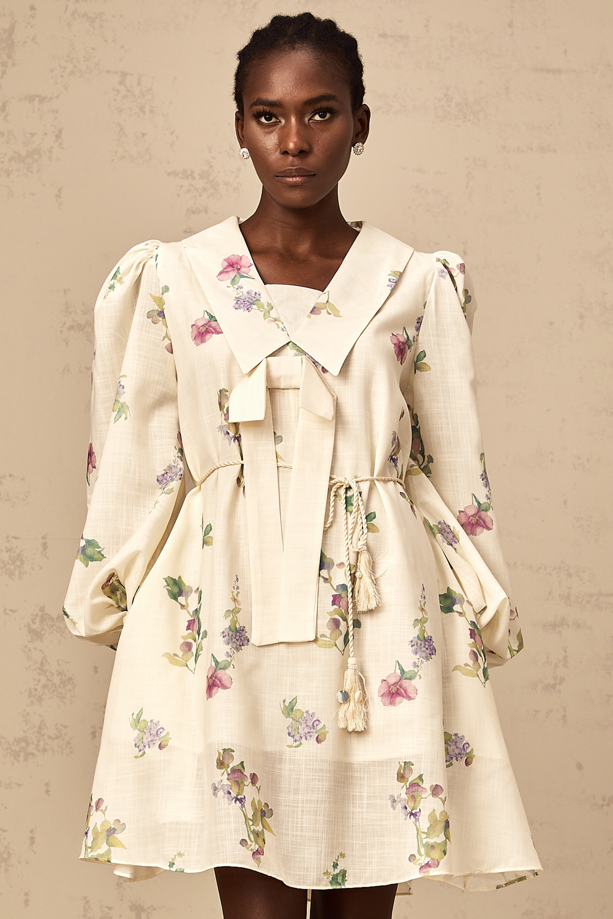 Aurohaya Perrine neutrals bowknot floral-print mini dress