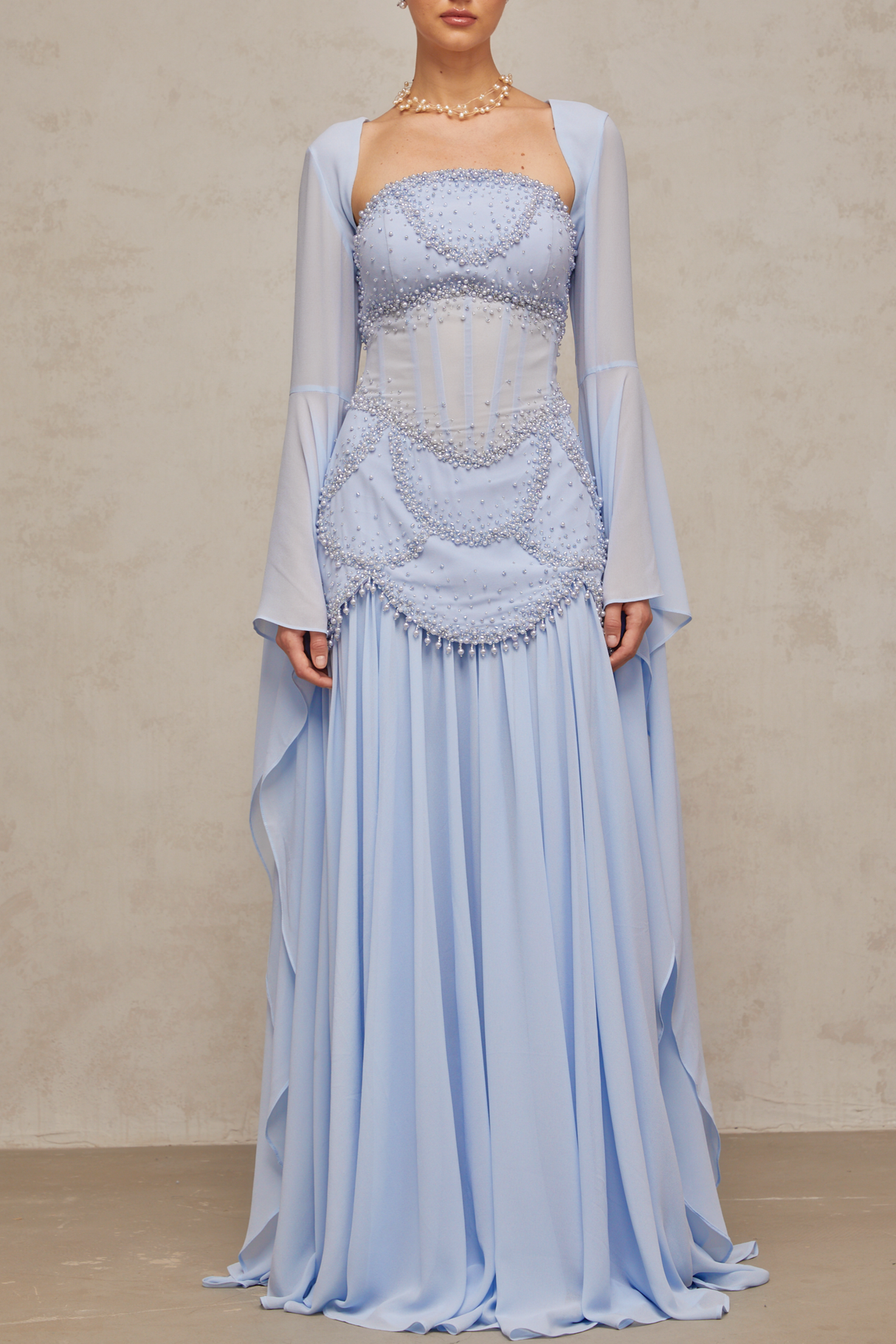 Aurohaya Gaëlle Faux-pearl-embellished Pleated Maxi Dress in Light-blue