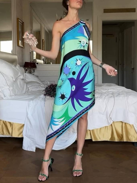 Aurohaya One-shoulder Irregular Print Dress