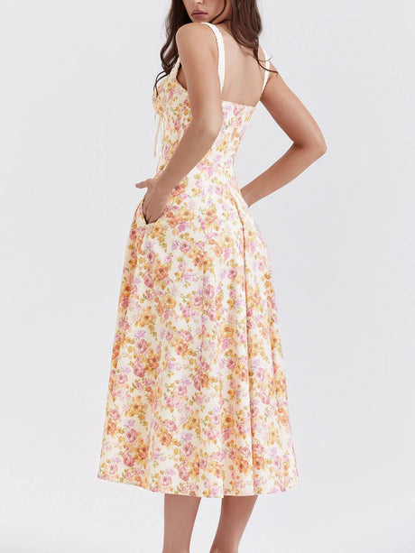 Aurohaya Suspender Patchwork Printed Lace-Up Midi Dress