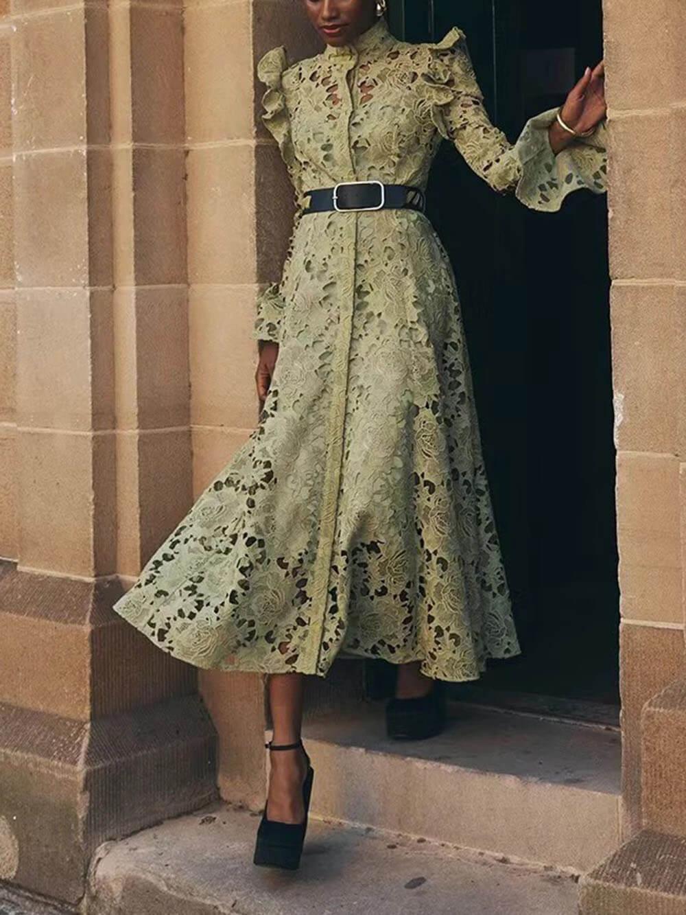 Aurohaya Elegant Hollow Lace Trumpet Sleeve Party Evening Gown Maxi Dress