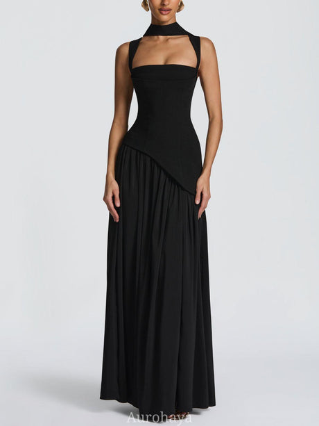 Aurohaya Solène Asymmetrical Maxi Gown Black