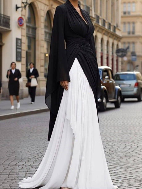 Aurohaya V-neck High-waisted A- Line Maxi Dress