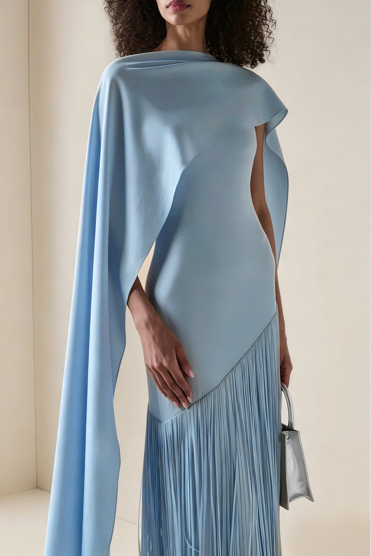 Aurohaya Cayetana Sapphire Blue Fringe Maxi Dress with Cape Effect