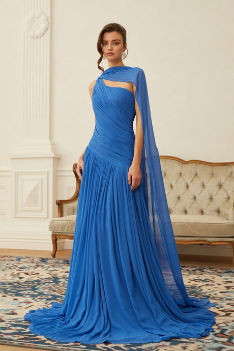 Aurohaya Faustine Blue Cape Design Ruched Maxi Dress
