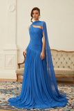 Faustine Blue Cape Design Ruched Maxi Dress