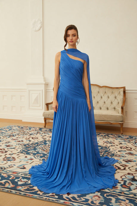 Aurohaya Faustine Blue Cape Design Ruched Maxi Dress