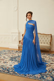 Faustine Blue Cape Design Ruched Maxi Dress