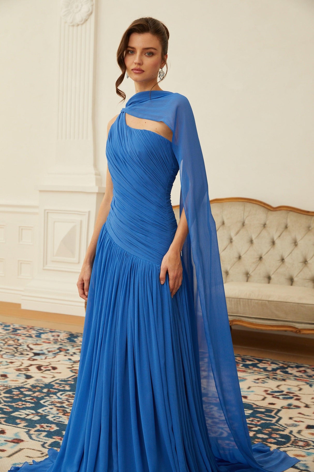 Aurohaya Faustine Blue Cape Design Ruched Maxi Dress