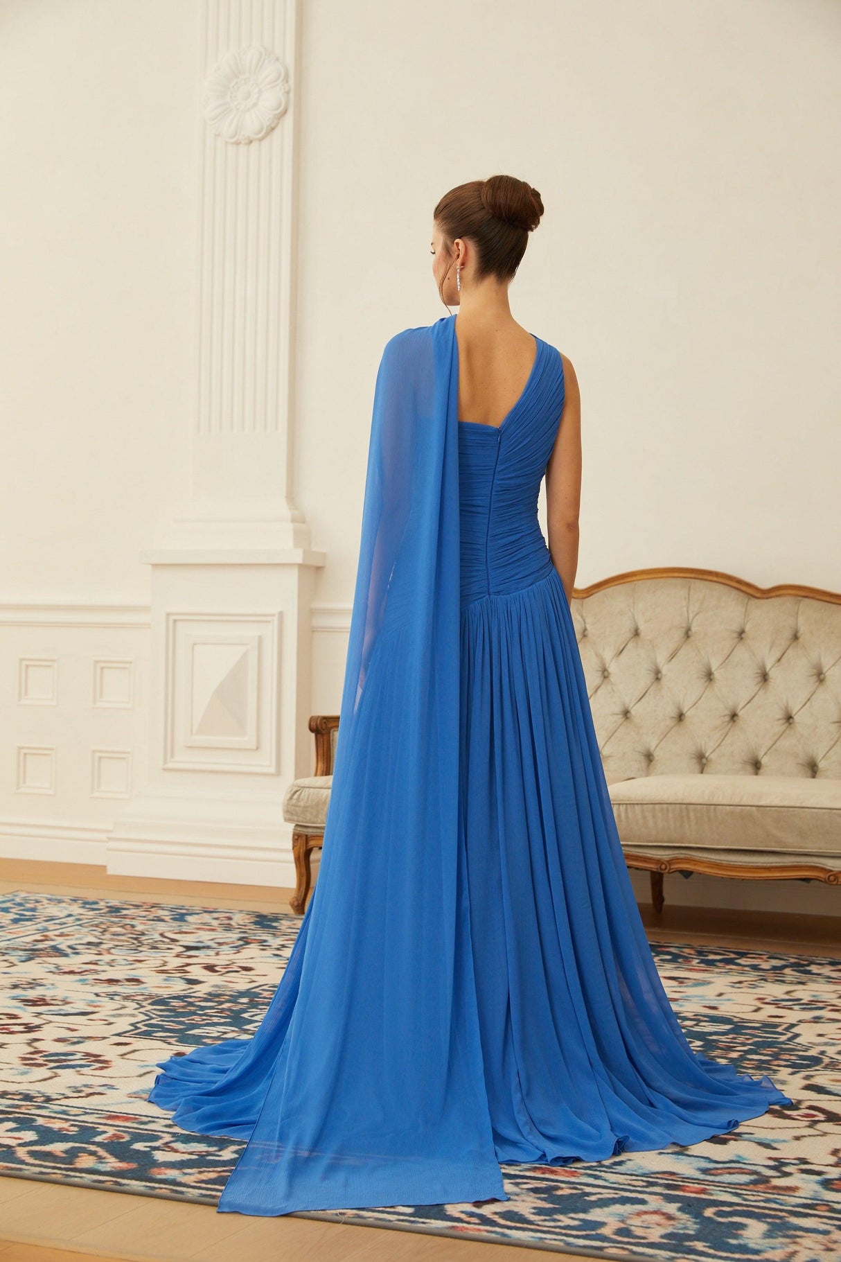 Aurohaya Faustine Blue Cape Design Ruched Maxi Dress
