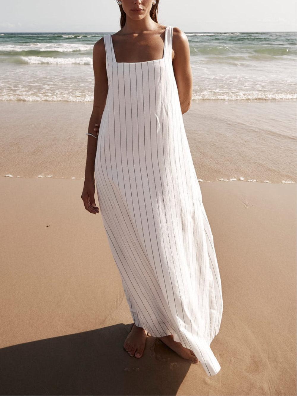 Aurohaya White With Charcoal Pinstripe Maxi Dress