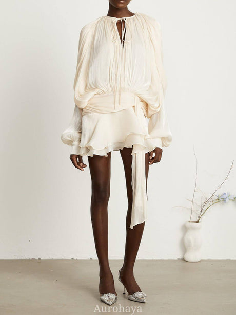 Aurohaya Amélie Fully Pleated Ruffled Mini Dress Netural