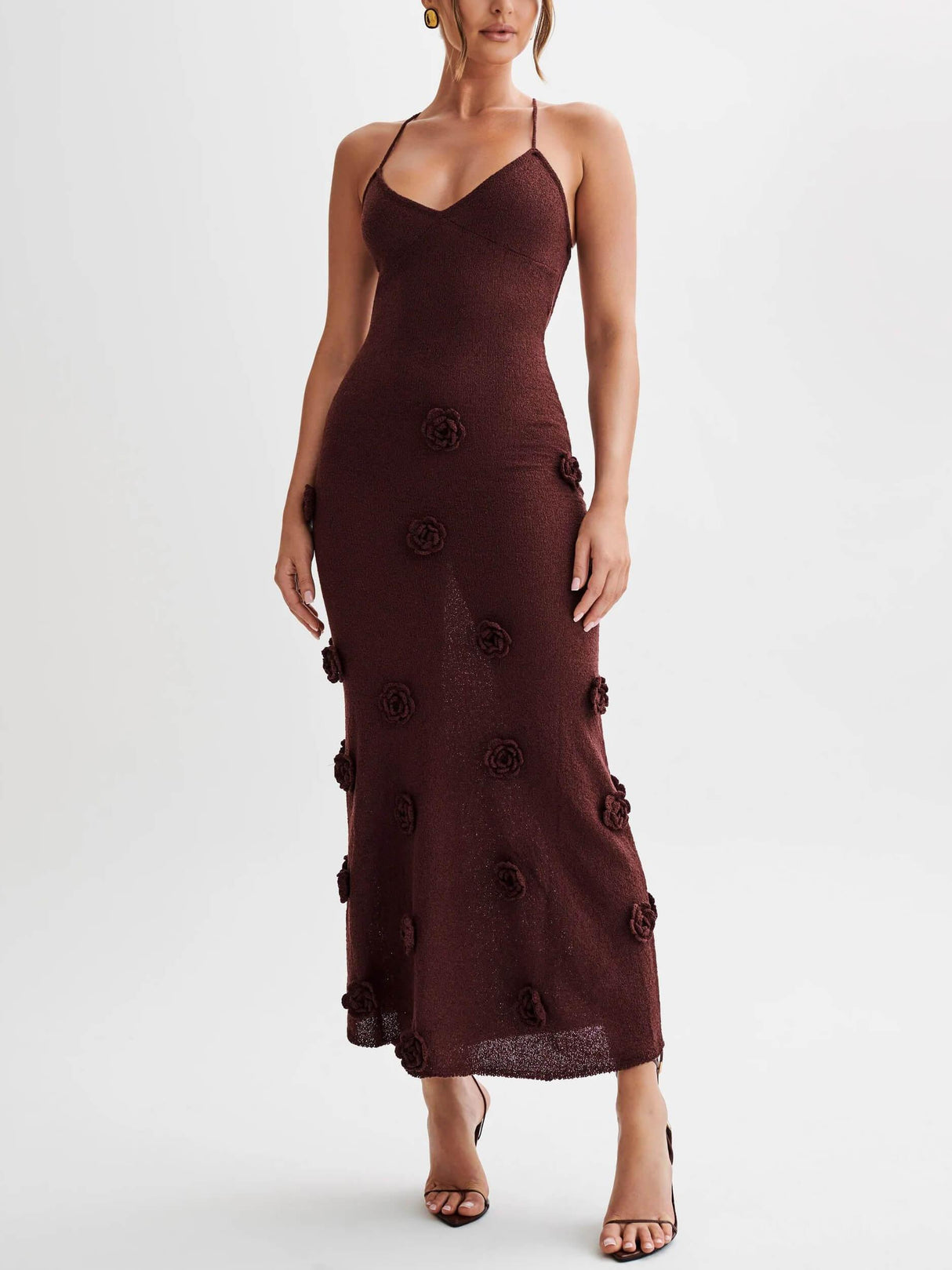 Aurohaya Knitted Floral Midi Dress Wine Red