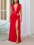 Aurohaya Modern Deep V-Neck Cutout Twist Knit Maxi Dress Red