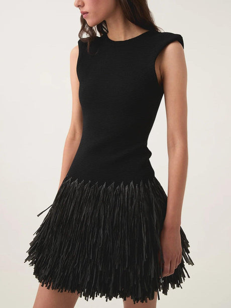 Aurohaya Elegant Raffia Layered Fringed Knitted Mini Dress