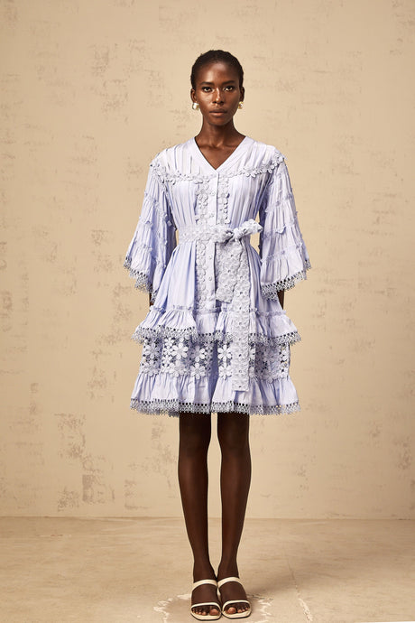 Aurohaya Gaëlle light-blue floral-embroidered tiered mini dress