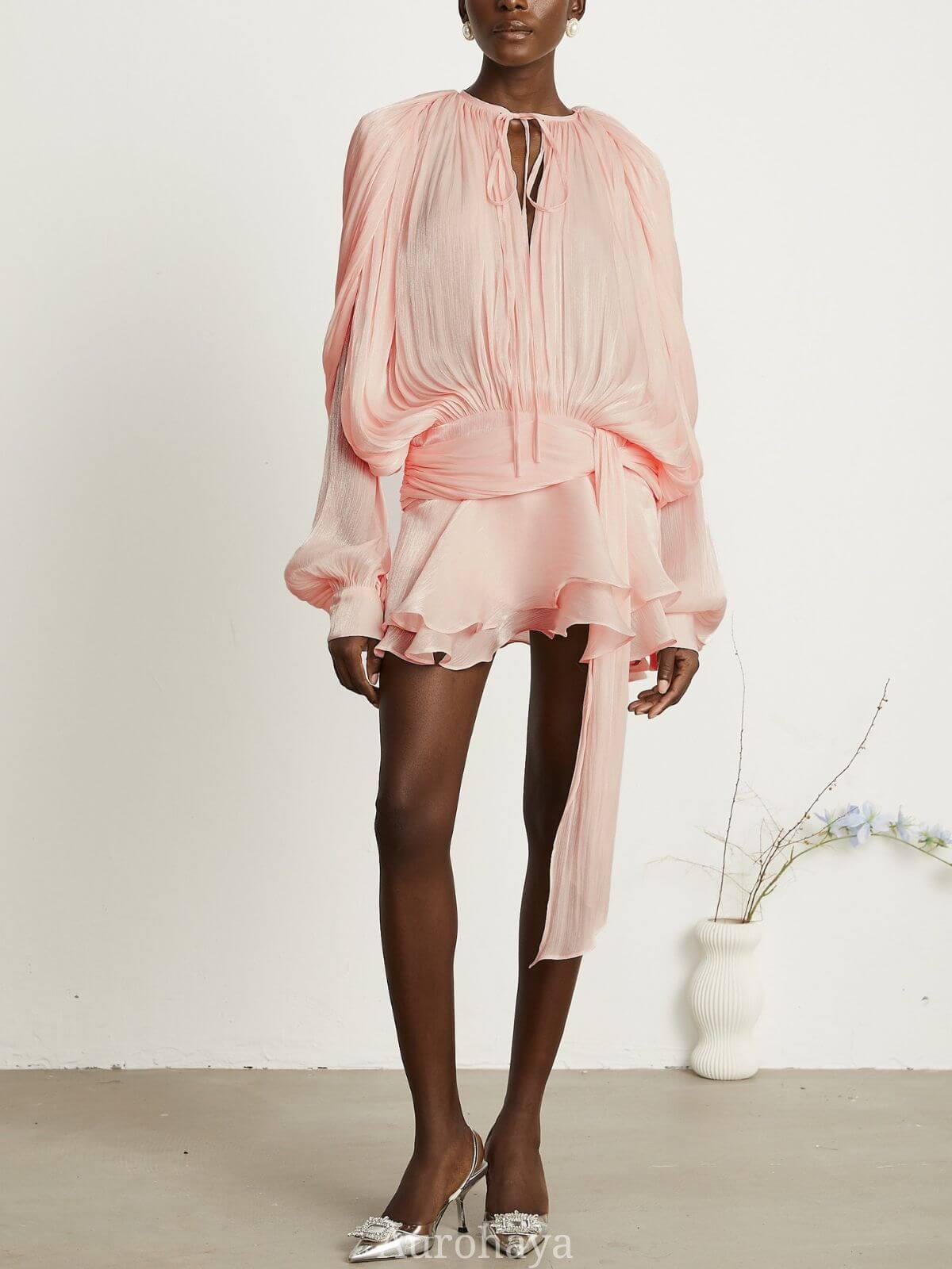 Aurohaya Amélie Fully Pleated Ruffled Mini Dress Pink