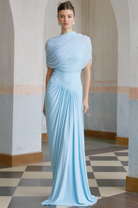 Aurohaya Catherine asymmetrical pleated maxi dress in Baby-blue