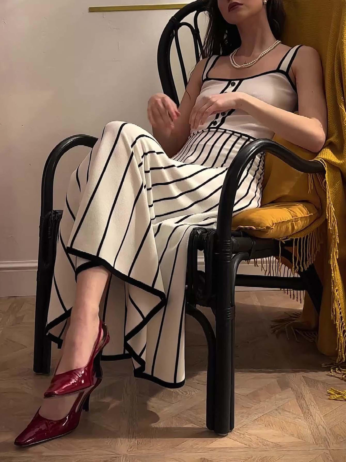 Aurohaya Vintage Suspender Striped Contrast Knitted Midi Dress