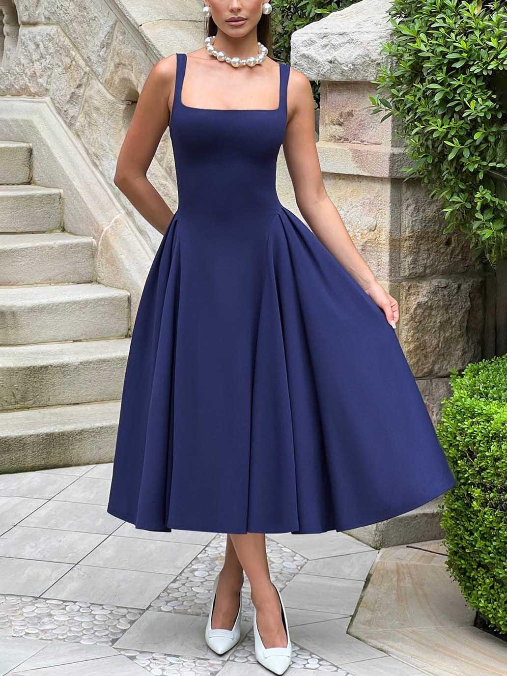 Aurohaya Elegant Retro Square Neck Slim Midi Dress