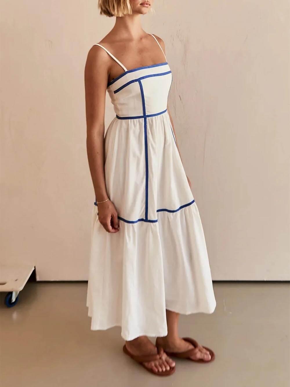 Aurohaya Contrast Color Trim Adjustable Straps Midi Dress