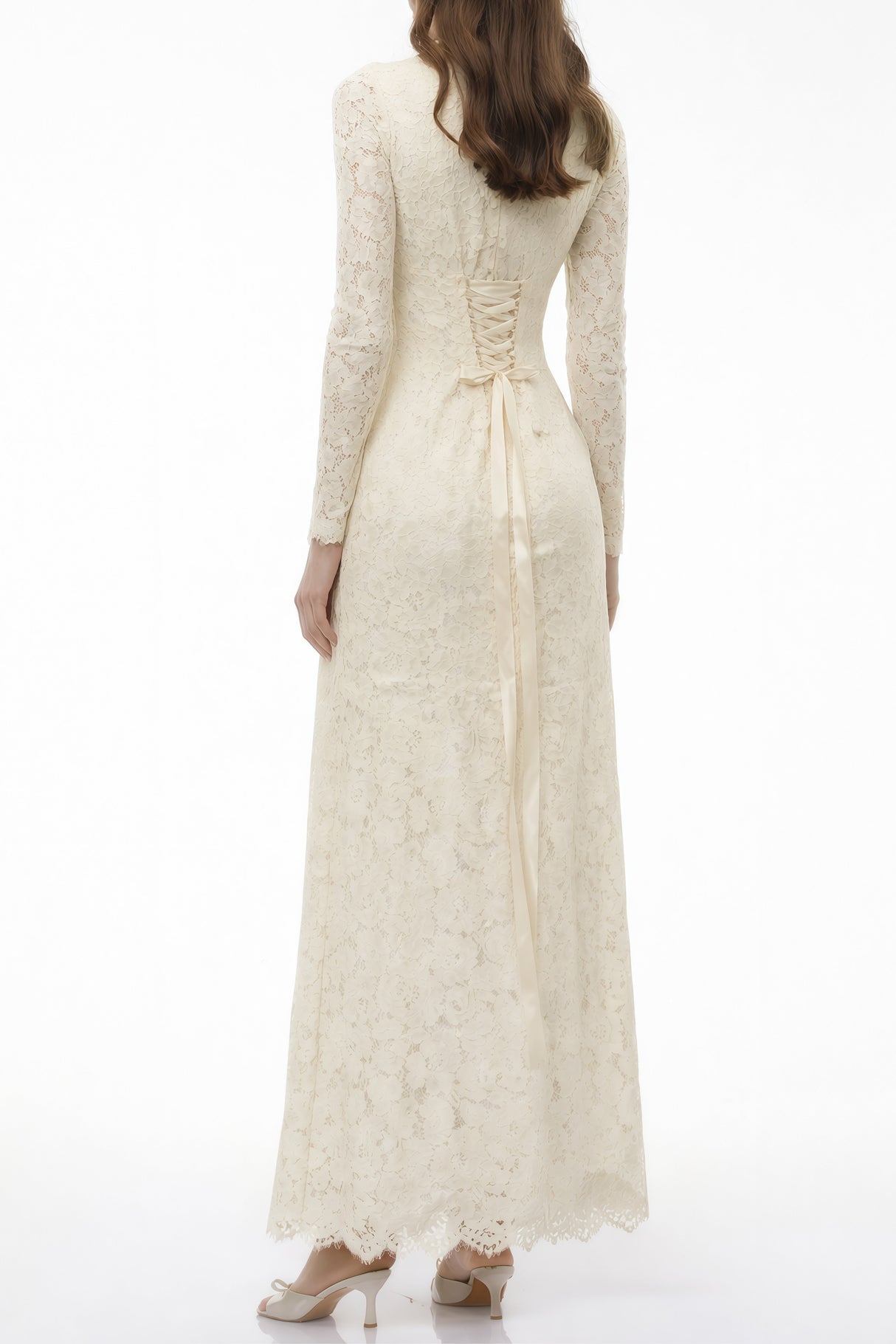 Aurohaya Maggie Ivory High Neck Floral Lace Maxi Dress