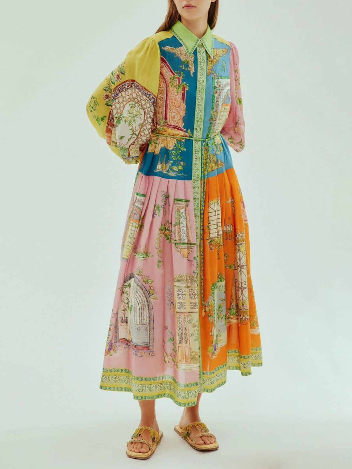 Aurohaya Exquisite Garden Print Button-Down Midi Dress Multicolor