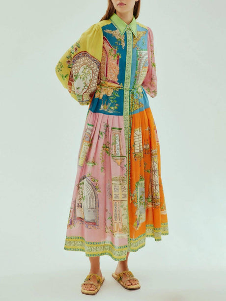 Aurohaya Exquisite Garden Print Button-Down Midi Dress Multicolor