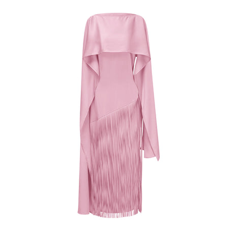 Aurohaya Cayetana Pink Fringe Maxi Dress with Cape Effect