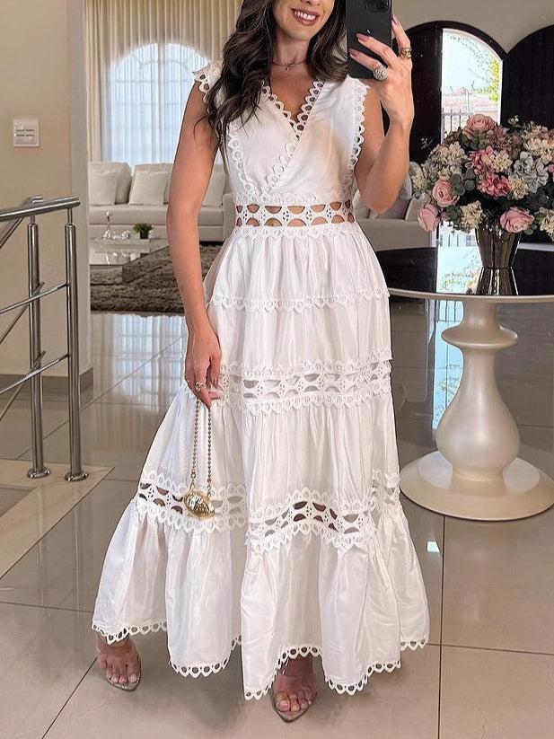 Aurohaya Vintage Sleeveless Lace Embroidered Hollow Maxi Dress