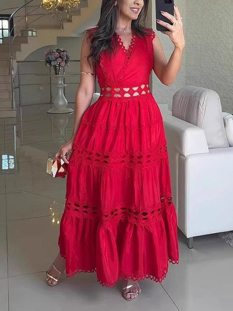 Aurohaya Vintage Sleeveless Lace Embroidered Hollow Maxi Dress