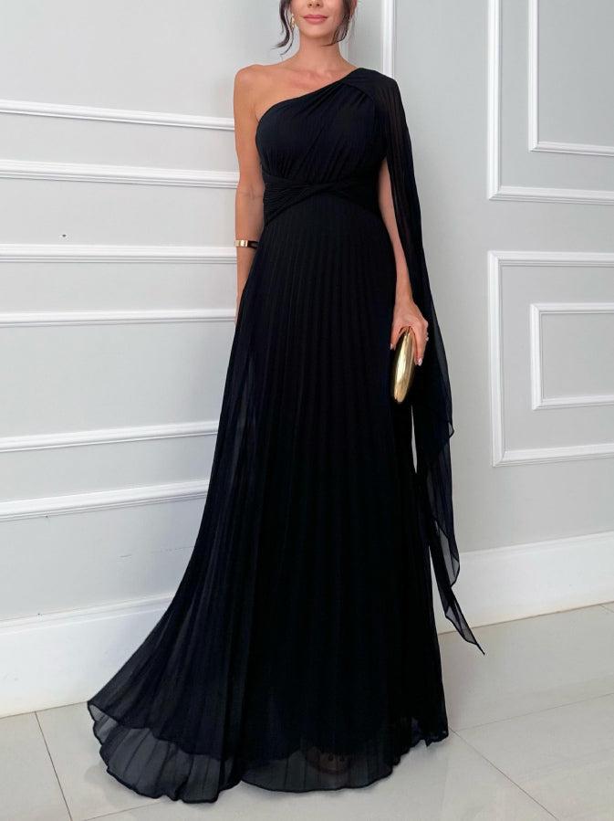 Aurohaya Elegant Flowing Pleated Off-the-Shoulder Maxi Dress Black