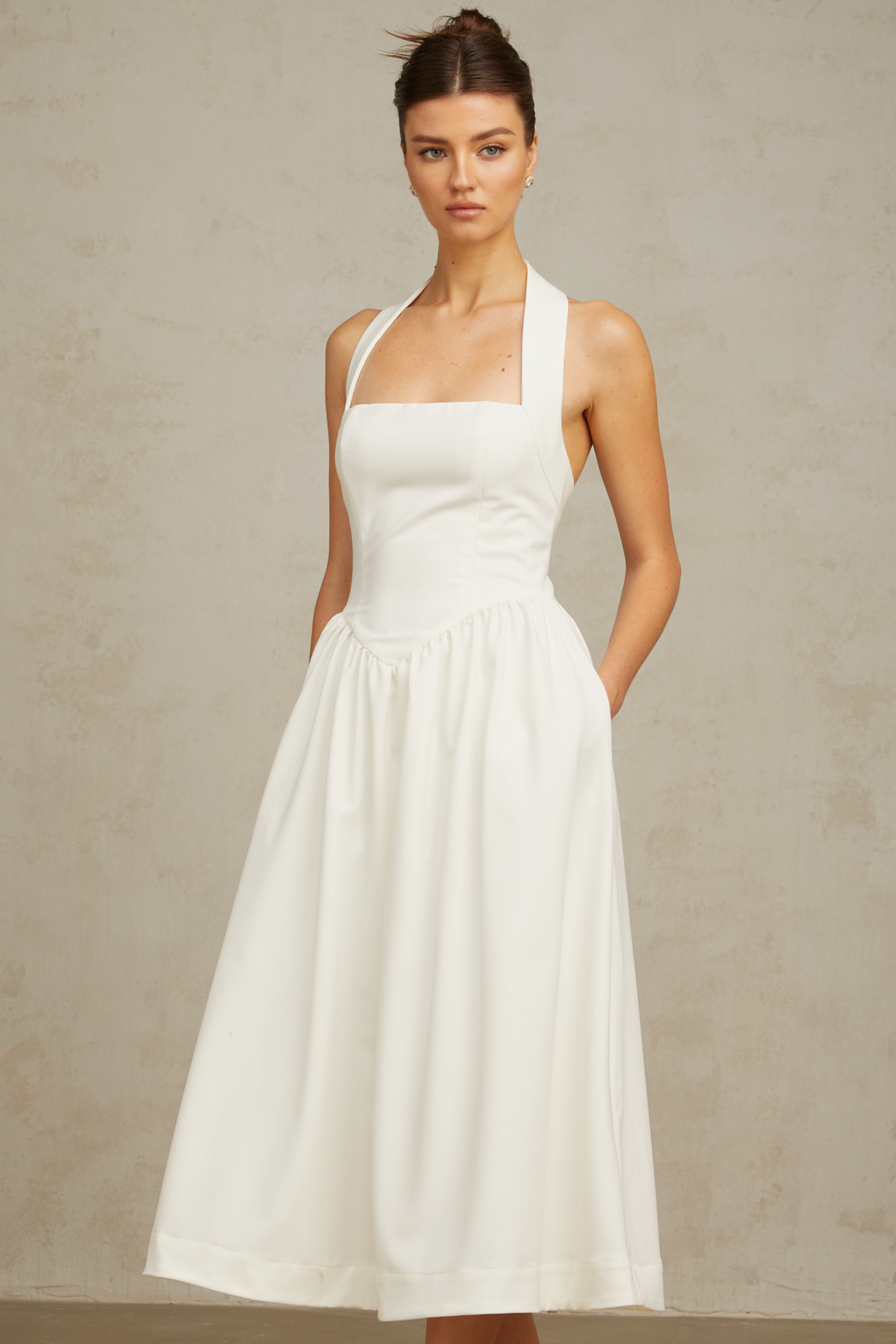 Aurohaya Alizée halterneck pleated midi dress in White