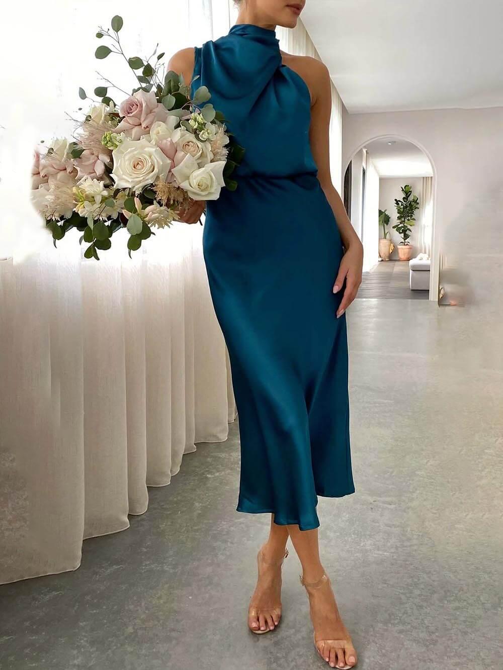 Aurohaya Unique Bridesmaid Sleeveless High Neck Midi Dresses Navy Blue