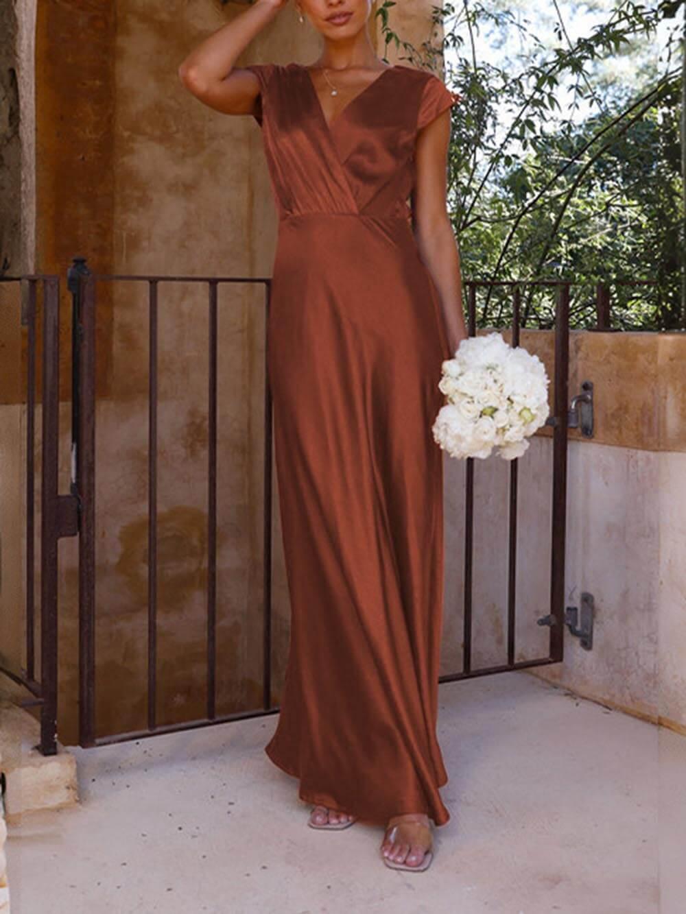 Aurohaya Spring/Summer Satin Solid Color V-Neck Fishtail Party Dress