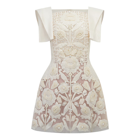 Aurohaya Léa White Floral Appliqué Crochet Mini Dress