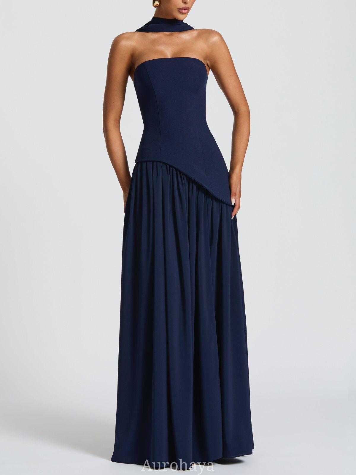 Aurohaya Solène Asymmetrical Maxi Gown Drak bule