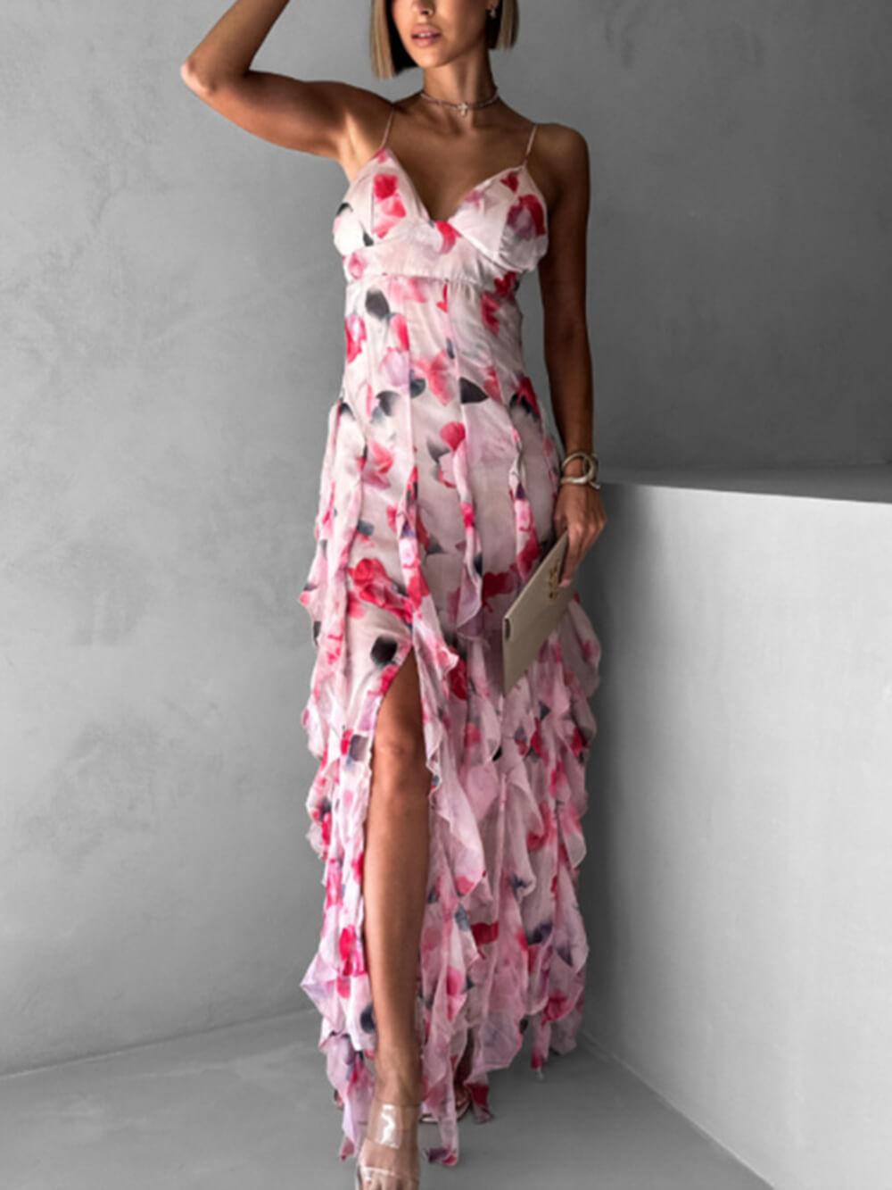 Aurohaya Fashionable Chiffon Printed Off-Shoulder Slit Maxi Dress